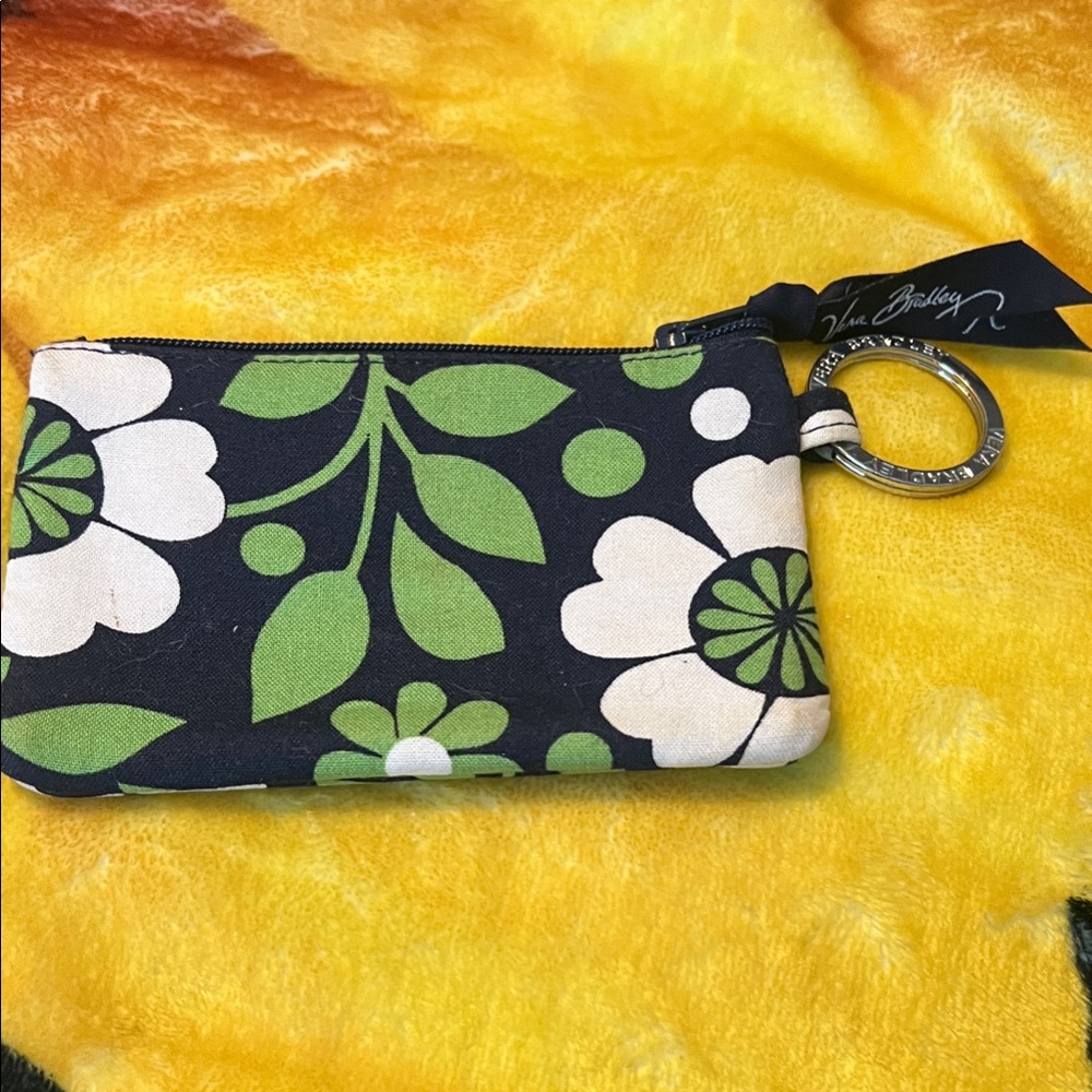 Vera Bradley Black Floral Zip Wristlet with Green & Cream Accents